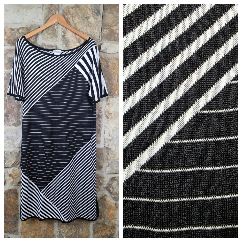 St John Black and White Striped Boat Neck Dress